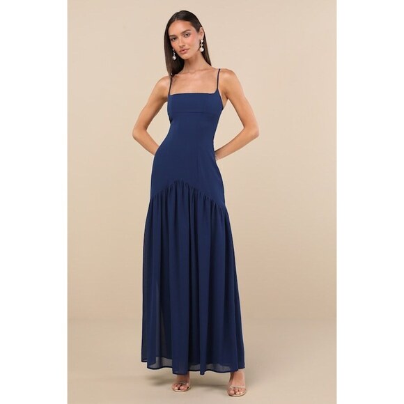 Lulus Dresses & Skirts - Lulus Auria Navy Blue Chiffon Drop Waist Maxi Dress - Size M